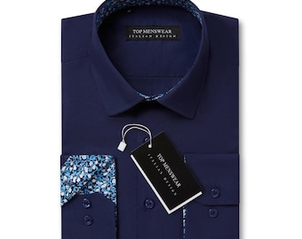 Limited Edition Men’s Smart Italian Design Navy Floral Shirt with Patterned Cuffs