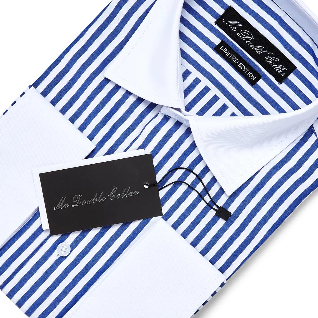 Camisa de rayas azul real de diseño italiano elegante para hombre de edición limitada con cuello doble elegante