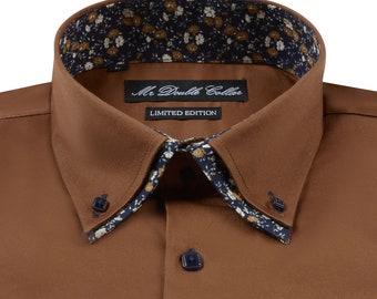 Camisa elegante de diseño italiano con flores marrones y cuello doble para hombre, edición limitada