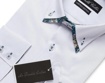 Camisa Oxford blanca de edición limitada para hombre, con diseño italiano elegante, cuello doble y estampado paisley turquesa, estilo casual elegante y manga larga.