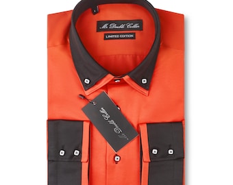 Limited Edition Men’s Stylish Italian Design White Orange & Black Shirt with Double Collar