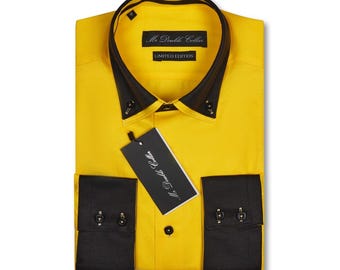 Limited Edition Men’s Stylish Italian Design White Yellow & Black Shirt with Double Collar