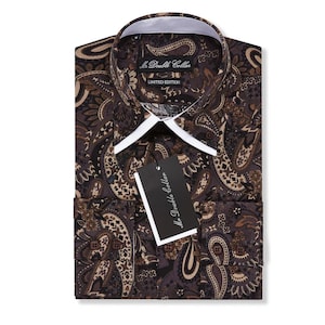 Limited Edition Men’s Italian Design Brown Paisley Print Shirt with Double Collars