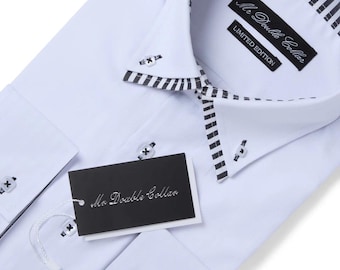 Limited Edition Men’s Stylish Italian Design Smart Casual Formal White & Zebra Double Collar Shirt Longsleeve