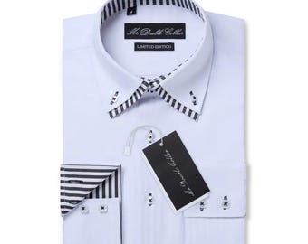 Limited Edition Men’s Stylish Italian Design Smart Casual Formal White & Zebra Double Collar Shirt Longsleeve