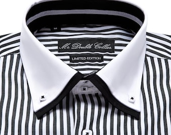 Limited Edition Men’s Italian Design Black Pinstripe Shirt with Double Collar
