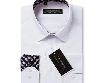 Limited Edition Men’s Smart Italian Design White Paisley Shirt with Patterned Cuffs