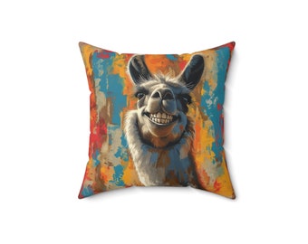 Coussin décoratif carré coloré à imprimé artistique et lama souriant