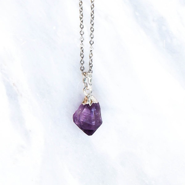 Raw Amethyst Necklace, February Birthstone, Amethyst pendant, Stainless Steel, Purple Crystal Necklace, Gift for Her, Raw Amethyst Jewelry