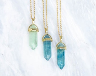 Green Fluorite Pendant, Natural Fluorite Necklace, Blue Fluorite Crystal, 18K Gold Plated Necklace.