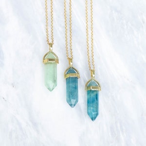 Green Fluorite Pendant, Natural Fluorite Necklace, Blue Fluorite Crystal, 18K Gold Plated Necklace. image 1