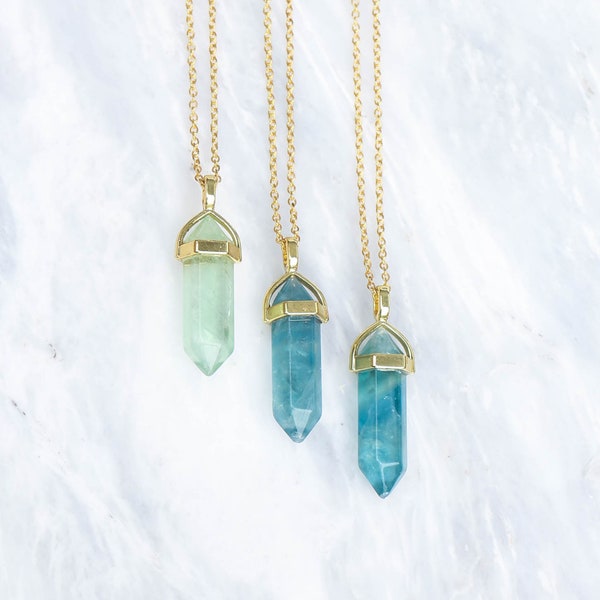Green Fluorite Pendant, Natural Fluorite Necklace, Blue Fluorite Crystal, 18K Gold Plated Necklace.
