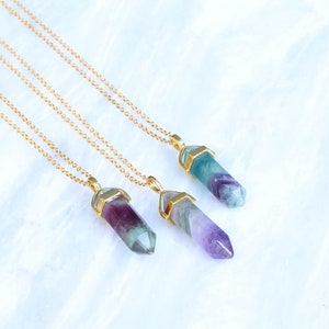 Rainbow fluorite necklace, fluorite crystal, fluorite point, fluorite pendant, flourite necklace, natural fluorite double point, goldplated.