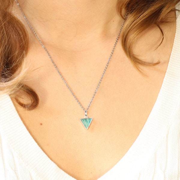 Amazonite Necklace. Amazonite Triangle pendant. Delicate Chain. Dainty Amazonite Choker. Boho Jewelry. Green Amazonite, Small Amazonite.
