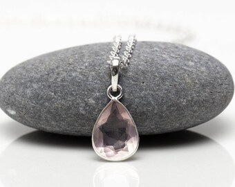 Sterling Silver Rose Quartz Necklace: Faceted Teardrop Pendant