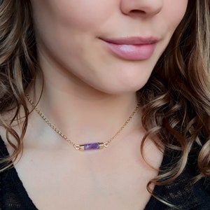 Amethyst Necklace. Amethyst Choker. Gold Amethyst Bar. Boho Jewelry. Delicate Chain Choker. February Birthstone. Dainty Amethyst choker image 4