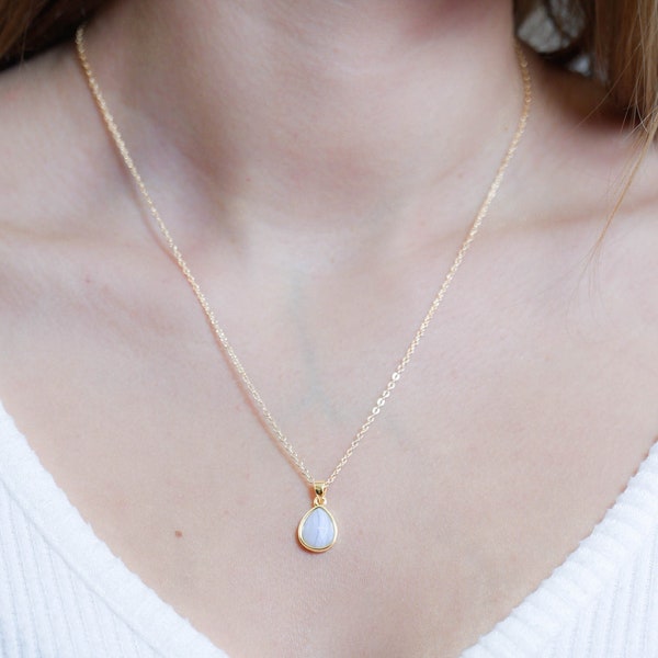 Blue Lace Agate Necklace, Delicate Sky Blue Stone Pendant, 18K Real Gold Plated.