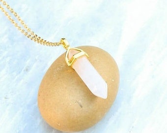 Rose Quartz Necklace, Rose Quartz pendant, Rose Quartz Necklace Gold Long Chain, January May Birthstone, Natural Pink Crystal Point Necklace