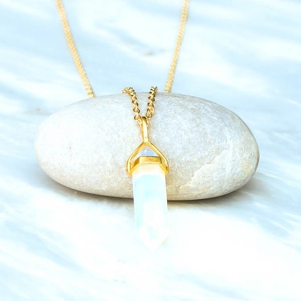 Opalite Necklace, Opalite Pendant, Crystal Point Jewelry, Gold Long Chain, 18K Real Gold Plated.