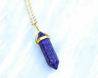 Lapis Lazuli Necklace, Blue Stone Pendant, January Birthstone Jewellery, 18K Real Gold Plated Necklace.