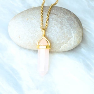Rose Quartz Necklace, Pink Crystal Pendant, Longlasting Real Gold Plated Necklace.