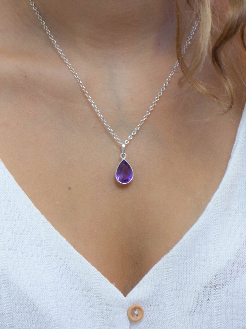 Amethyst Crystal Necklace, Dainty Amethyst Pendant, Facetted Amethyst Gemstone, Purple Crystal Drop Necklace, Sterling Silver, Gifts for Mom image 5