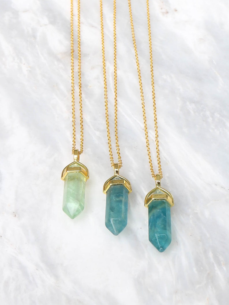 Green Fluorite Pendant, Natural Fluorite Necklace, Blue Fluorite Crystal, 18K Gold Plated Necklace. image 4