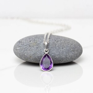 Amethyst Crystal Necklace, Dainty Amethyst Pendant, Facetted Amethyst Gemstone, Purple Crystal Drop Necklace, Sterling Silver, Gifts for Mom image 2