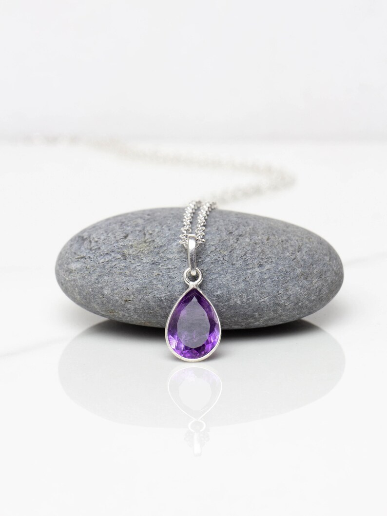 Amethyst Crystal Necklace, Dainty Amethyst Pendant, Facetted Amethyst Gemstone, Purple Crystal Drop Necklace, Sterling Silver, Gifts for Mom image 2