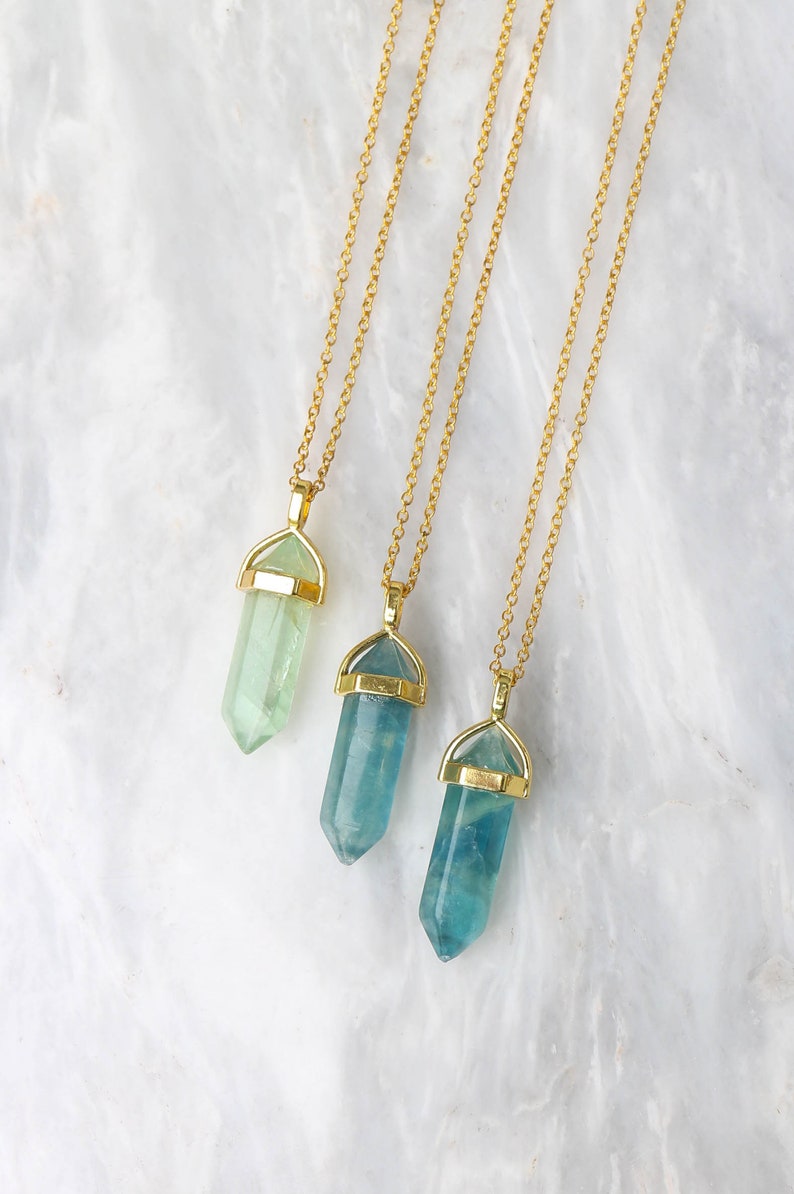 Green Fluorite Pendant, Natural Fluorite Necklace, Blue Fluorite Crystal, 18K Gold Plated Necklace. image 5