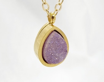 Dainty Druzy Necklace, Teardrop Pendant, Lavender Purple Raw Crystal, 18K Gold Plated, Tiny Druzy, Genuine Gemstone, Simple Stone Necklace.