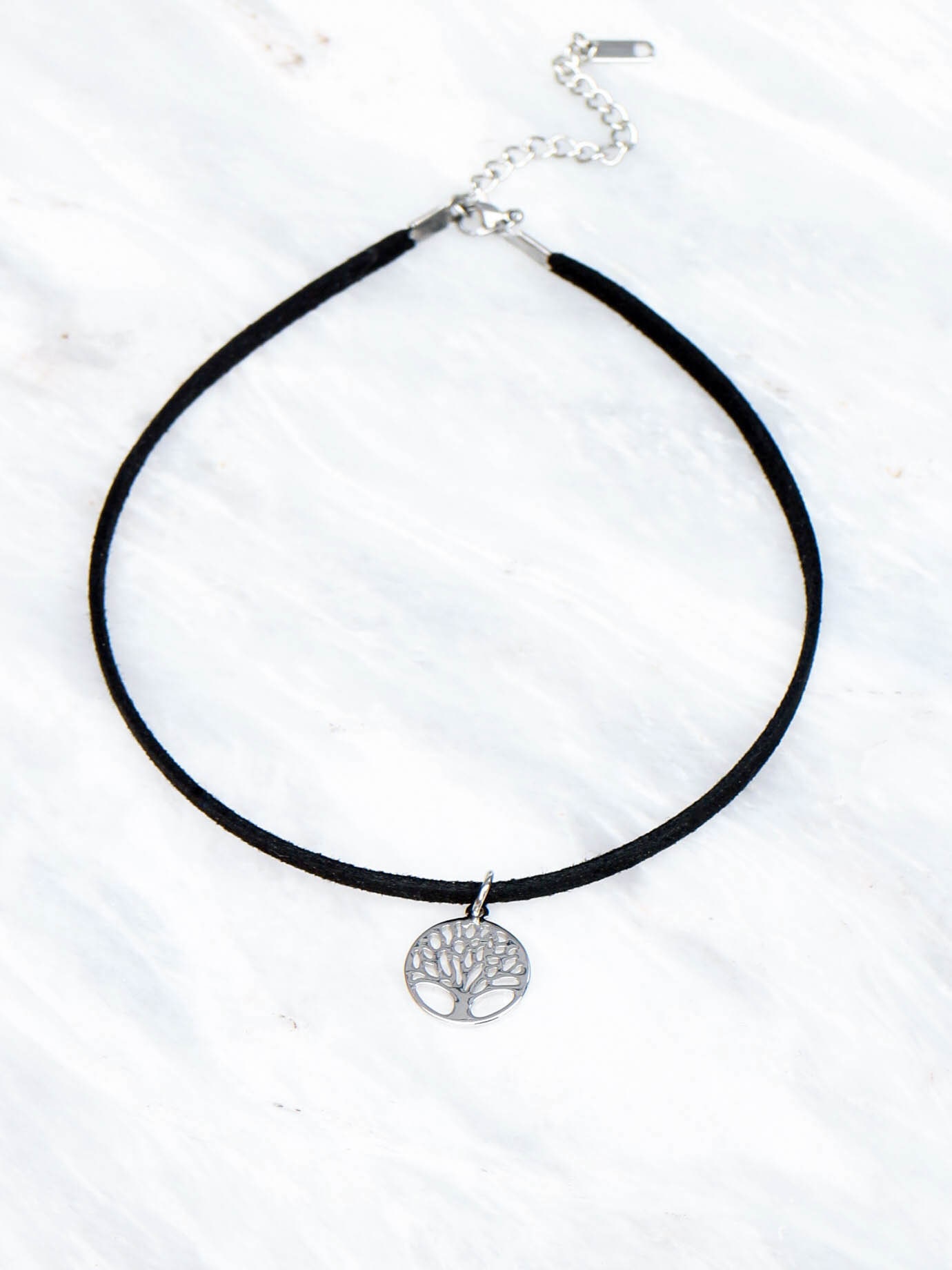 New UK Seller Black Leather Choker Necklace with Silver Tree of Life Charm 