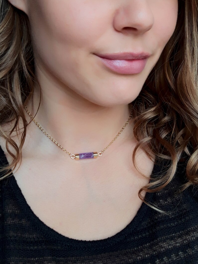 Amethyst Necklace. Amethyst Choker. Gold Amethyst Bar. Boho Jewelry. Delicate Chain Choker. February Birthstone. Dainty Amethyst choker image 4