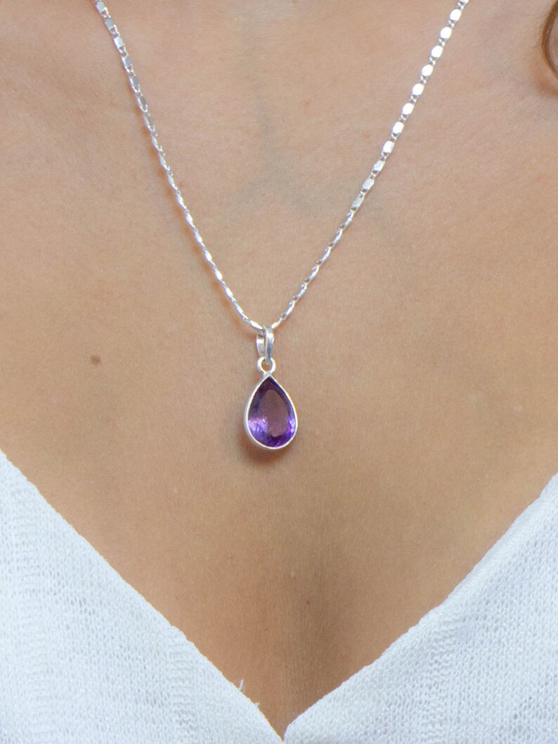 Amethyst Crystal Necklace, Dainty Amethyst Pendant, Facetted Amethyst Gemstone, Purple Crystal Drop Necklace, Sterling Silver, Gifts for Mom image 7