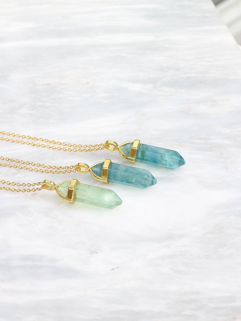 Green Fluorite Pendant, Natural Fluorite Necklace, Blue Fluorite Crystal, 18K Gold Plated Necklace. image 3