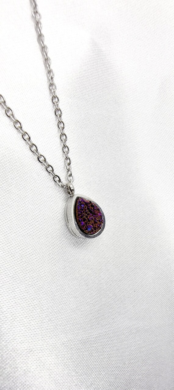 Dainty Druzy Necklace, Teardrop Pendant, Purple Ruby Raw Crystal, Tiny Druzy Genuine Gemstone, Simple Necklace Women, Sparkly Stone Silver