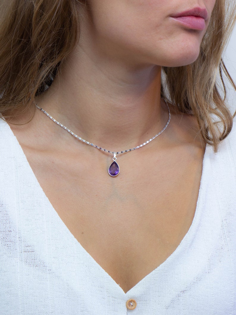 Amethyst Crystal Necklace, Dainty Amethyst Pendant, Facetted Amethyst Gemstone, Purple Crystal Drop Necklace, Sterling Silver, Gifts for Mom image 8