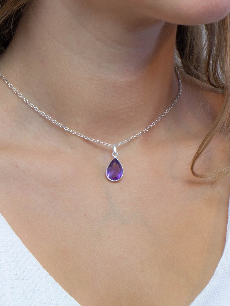 Amethyst Crystal Necklace, Dainty Amethyst Pendant, Facetted Amethyst Gemstone, Purple Crystal Drop Necklace, Sterling Silver, Gifts for Mom image 9