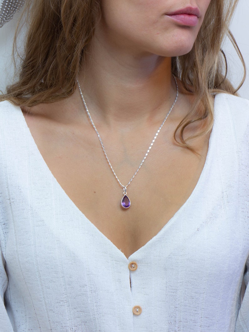 Amethyst Crystal Necklace, Dainty Amethyst Pendant, Facetted Amethyst Gemstone, Purple Crystal Drop Necklace, Sterling Silver, Gifts for Mom image 6