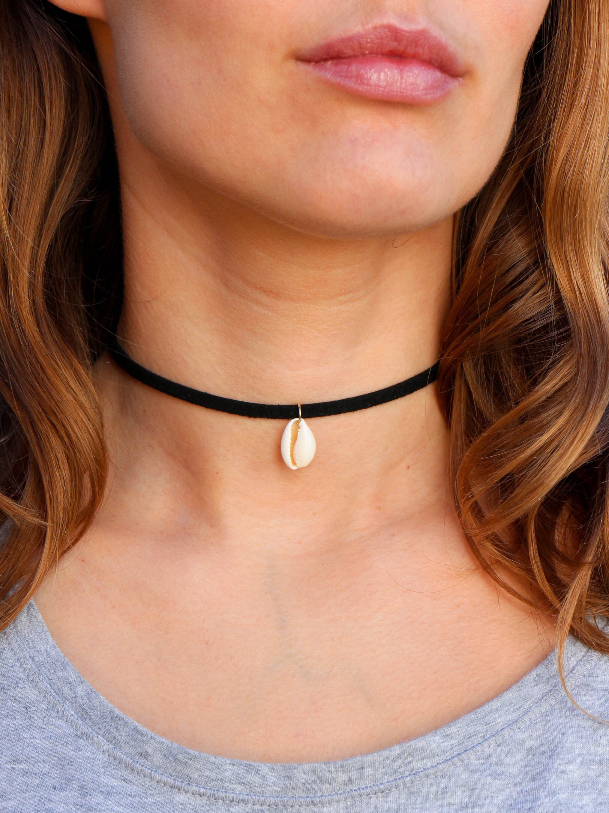 Cowrie Shell Choker: Black Vegan Suede Boho Necklace