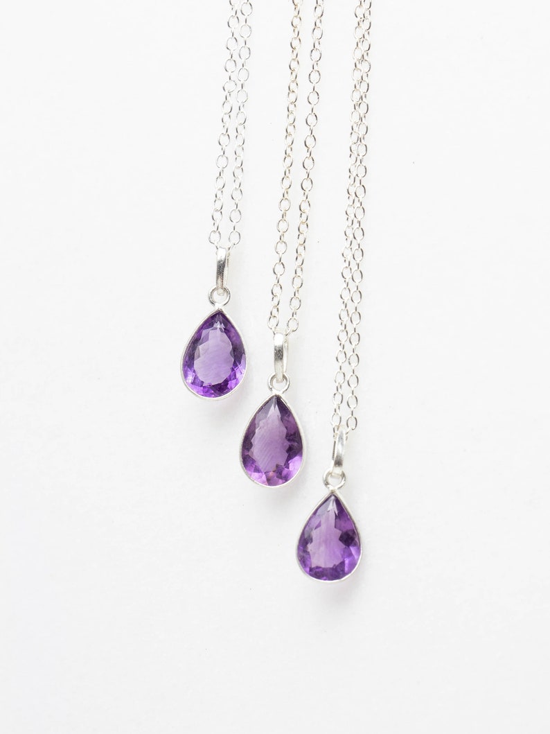 Amethyst Crystal Necklace, Dainty Amethyst Pendant, Facetted Amethyst Gemstone, Purple Crystal Drop Necklace, Sterling Silver, Gifts for Mom image 1