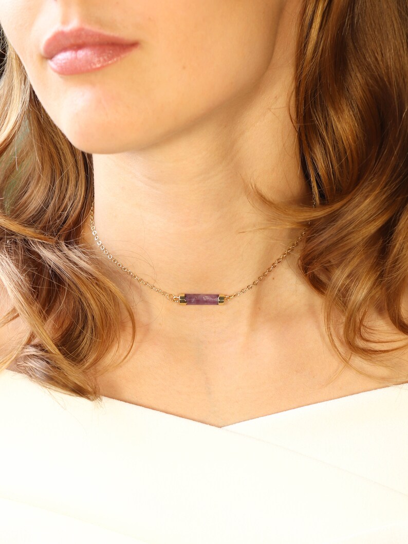 Amethyst Necklace. Amethyst Choker. Gold Amethyst Bar. Boho Jewelry. Delicate Chain Choker. February Birthstone. Dainty Amethyst choker image 3