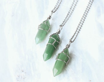 Aventurine Crystal Point Necklace: Wire Wrapped Stainless Steel Pendant