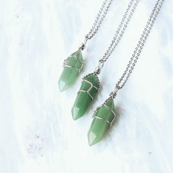 Aventurine Point Necklace, Wire wrapped Crystal Necklace, Green Stone Pendant, Good Luck Necklace, Handmade in High Quality Stainless Steel