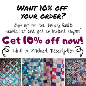 K&ouml;nnte beinhalten: Werbebild f&uuml;r Darcy Quilts mit dem Text: "Want 10% off your order?" und "Get 10% off now!" mit einem Link in der Produktbeschreibung. Das Bild zeigt vier Quilts mit geometrischen Mustern.