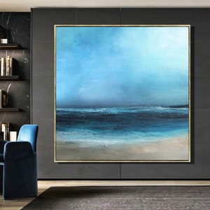 Large Original Sea Level Blue Oil Painting,Large Wall Art Light Blue Sky Oil Painting,Sky Landscape painting,Large Ocean Canvas Oil Painting image 1