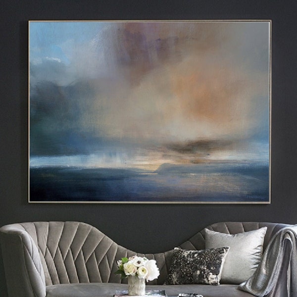 Original Sky landscape Abstract Painting,Large Sea Landscape Painting,Blue Painting Abstract,Large Cloud Painting On Canvas, Living Room Art