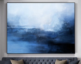 Large Sky Abstract Painting, Dark Blue Ocean Painting, Original Landscape Abstract Painting,White Cloud Oil Painting,Large Wall Sea Painting