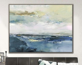 Original Coastal Landscape Abstract Canvas Painting,Sky Landscape Painting,Blue Gray Painting,Large White Abstract Art Painting On Canvas