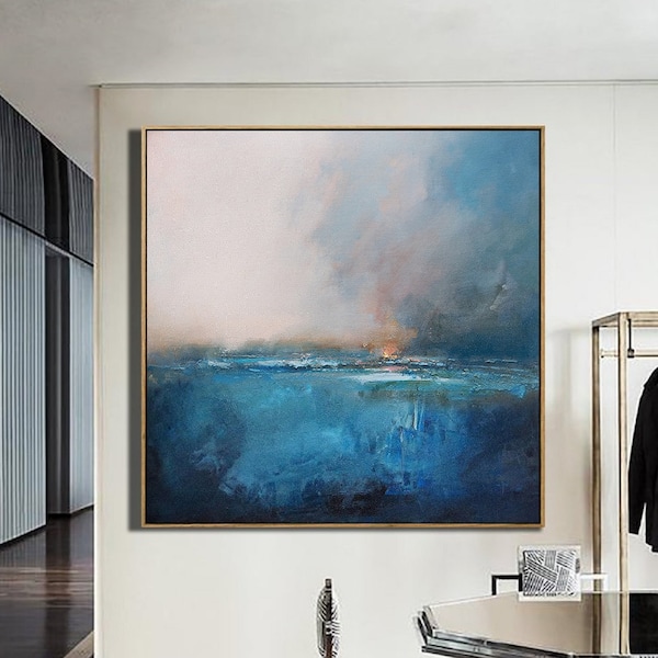 Large Original Sea Level Blue Oil Painting,Large Wall Art Blue Abstract Painting,Sky Landscape Oil painting,Large Ocean Canvas Oil Painting